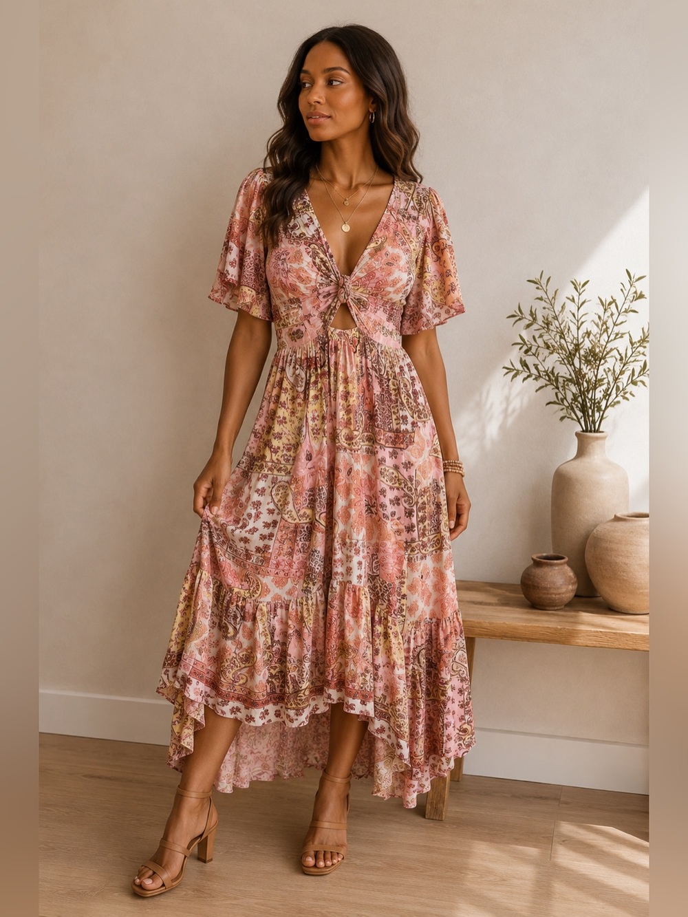 Angie Paisley Patchwork High Low Maxi Dress Twist Front Cutout Boho